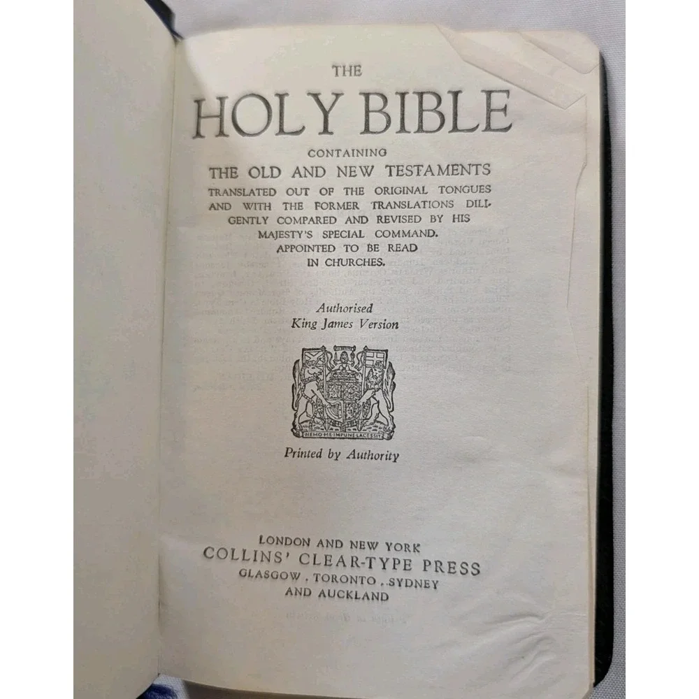 Vintage 1955 Collins KJV Holy Bible Gem Type‎ Pocket Size Black Leatherette
